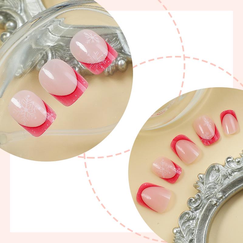 2024 Snowflake Glitter Pink French Press-on Nails, 24 Short Pieces