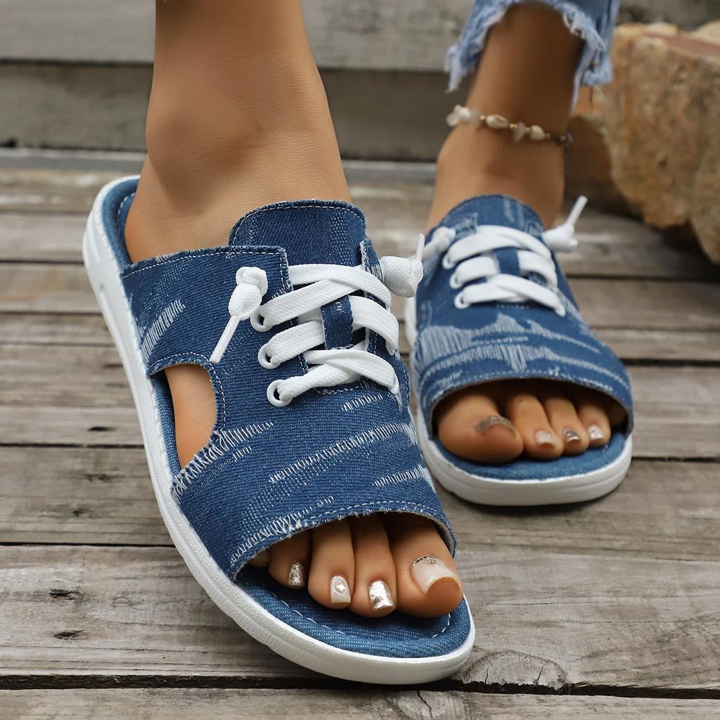 Summer New Large-sized Denim Fabric Lace-up Slip-on Sandals for Women - Round Toe Flat Casual Sandals