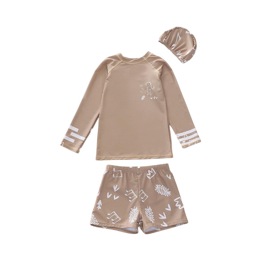 Boys Three Piece Swimwear Set Long Sleeve Rash Guard Swim Shirt Swim Shorts and Swim Cap Cartoon Print Lightweight Quick Dry