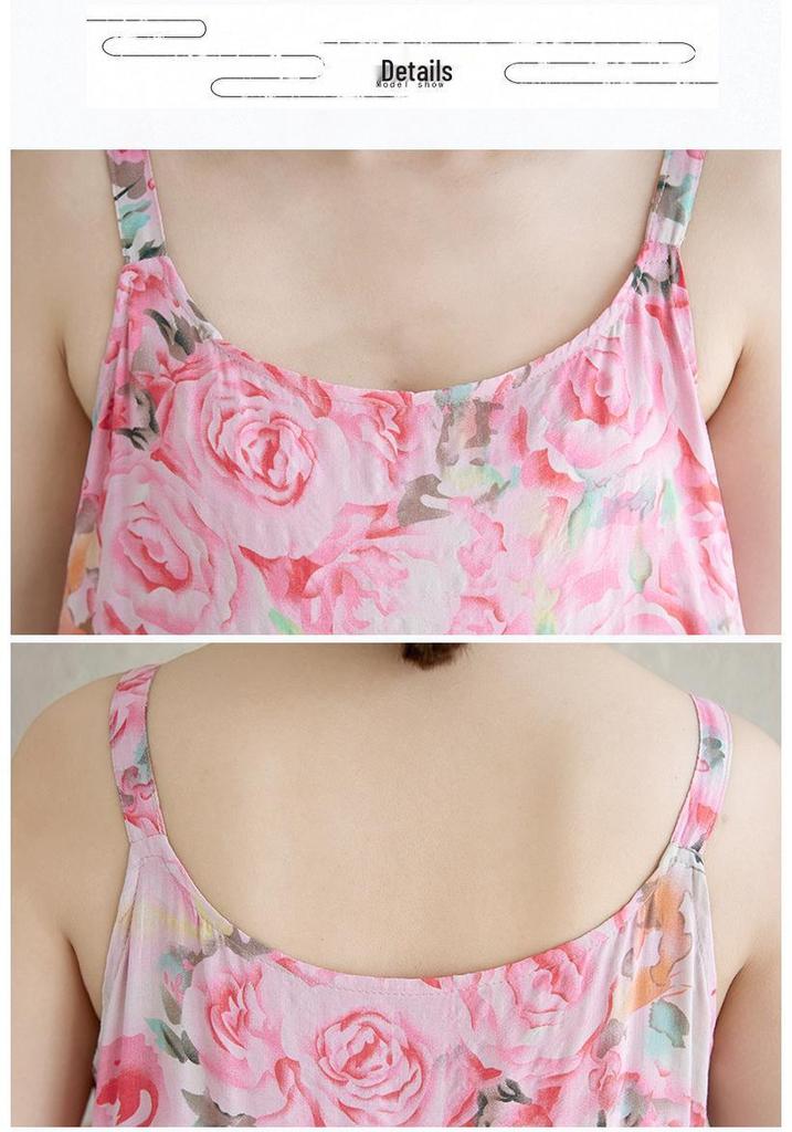 2025 Summer Cotton Linen Printed Long Sling Dress with Patchwork Design