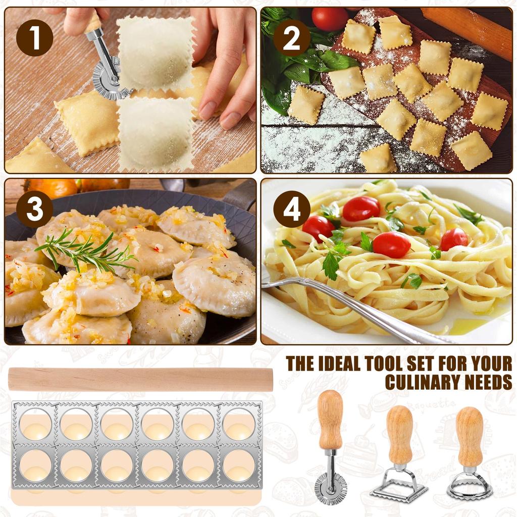 5Pcs Ravioli Maker Mold Set 12 Hole Ravioli Press Maker with Roller Wheel Wood Rolling Pin Pasta Cutter Stamp Dumpling Mould