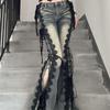 Vintage Eyelets Lace Up Flare Jeans Stitch Lace Whiskers Slim Low Rise Split Bootcut Pants Women Bell Bottoms Streetwear 2026