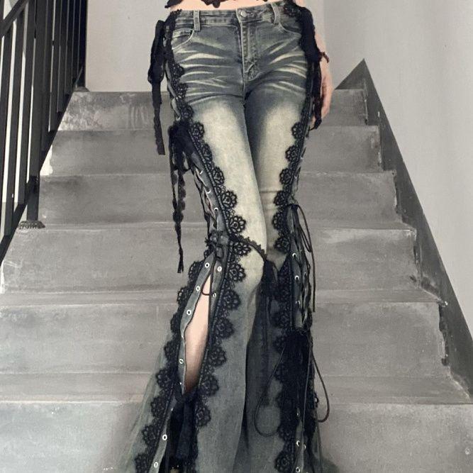 Vintage Eyelets Lace Up Flare Jeans Stitch Lace Whiskers Slim Low Rise Split Bootcut Pants Women Bell Bottoms Streetwear 2026