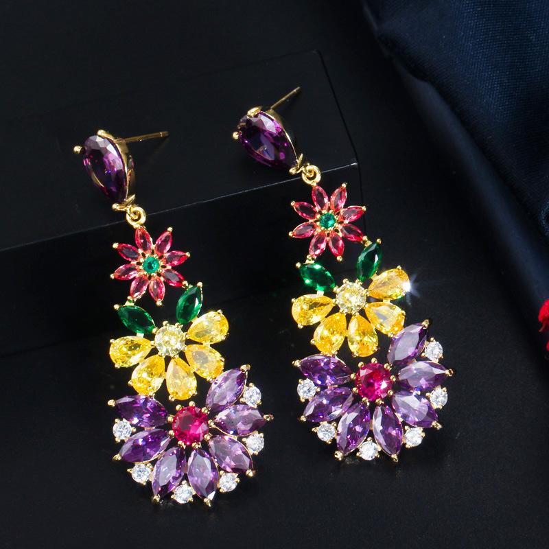 

E0318 Хипстерские серьги Игольчатые серьги Цветные серьги-цветы с цирконом Серьги-подвески