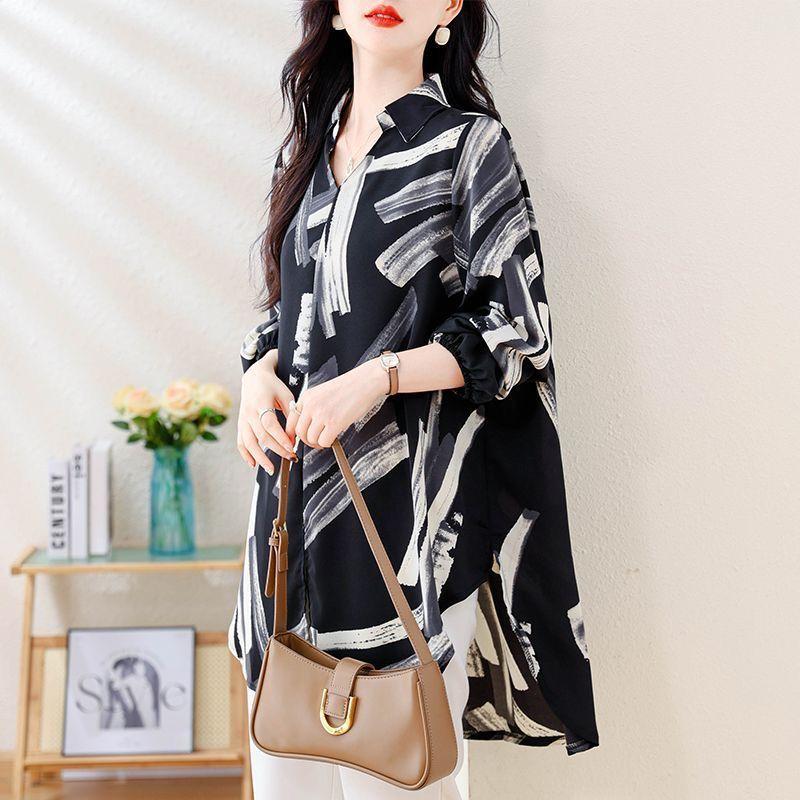 Printed Mid Length Spring and Autumn Long Sleeved Shirt for Outerwear Undershirt Top Women's Shirt
