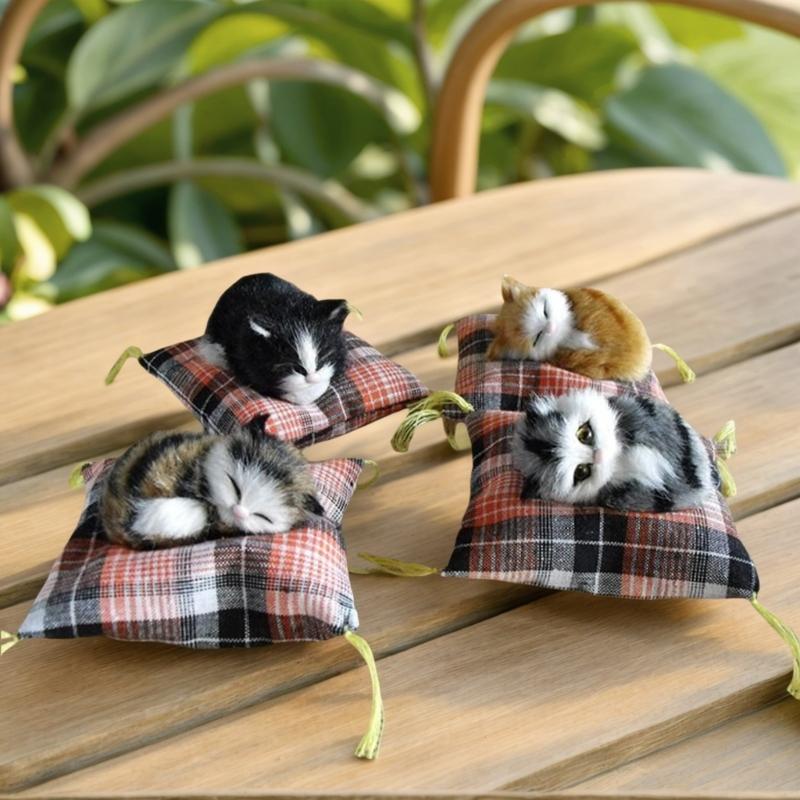 Realistic Sleep Cats Doll Plush Furry Animal Statue with Soft Mat Bed Stuffed Pet Doll for Kids Adults Birthday Gift