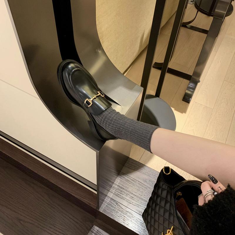 Schuhe Retro kleine Lederschuhe Pferde Schnalle Leder Loafer Einzelschuhe Damen Frühling