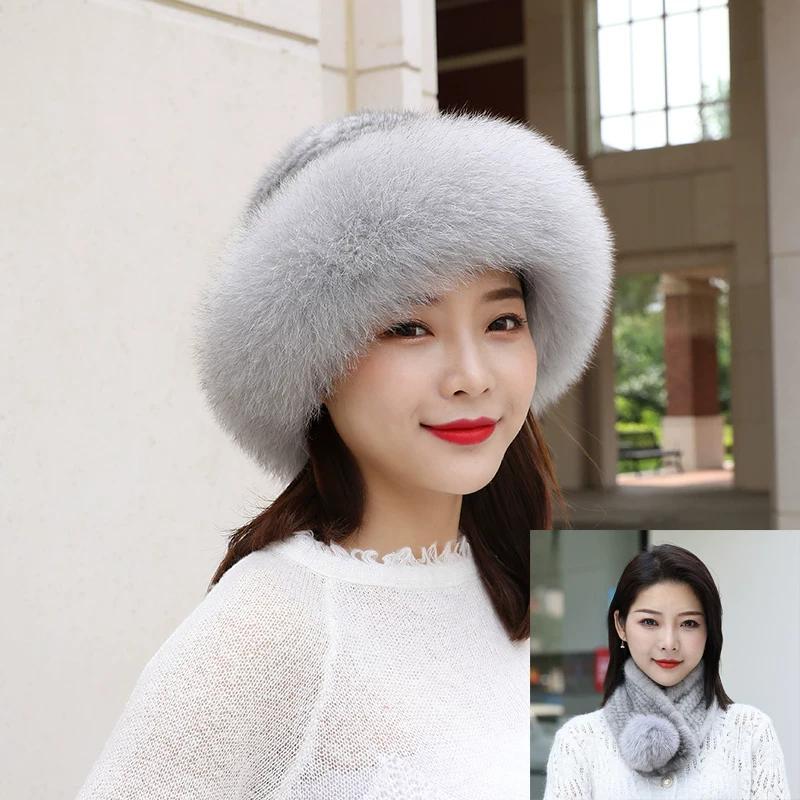 Fur Hat Scarf Set Women's Winter Warm Real Hair Winter Bucket Hat Winter Fashion Mink Two-piece Set