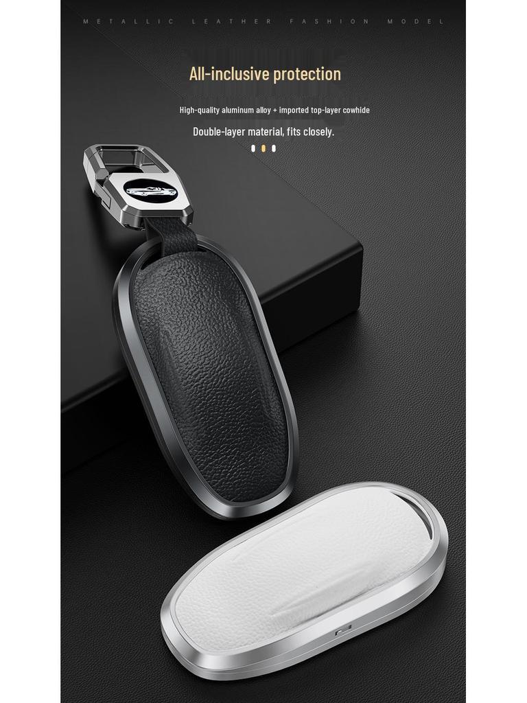 Tesla Model 3/Y/S Genuine Leather Key Cover with Metal Protective Shell Buckle