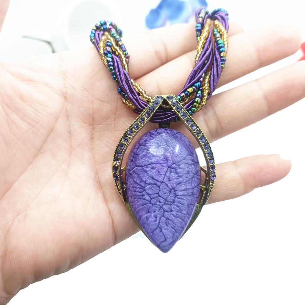 Bohemian Ethnic Style Vintage Glass Water Drop Leaf Pendant Necklace