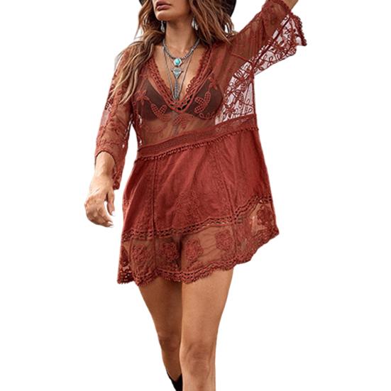 Saída de banho de cor sólida com decote em V profundo renda roupa de banho de secagem rápida