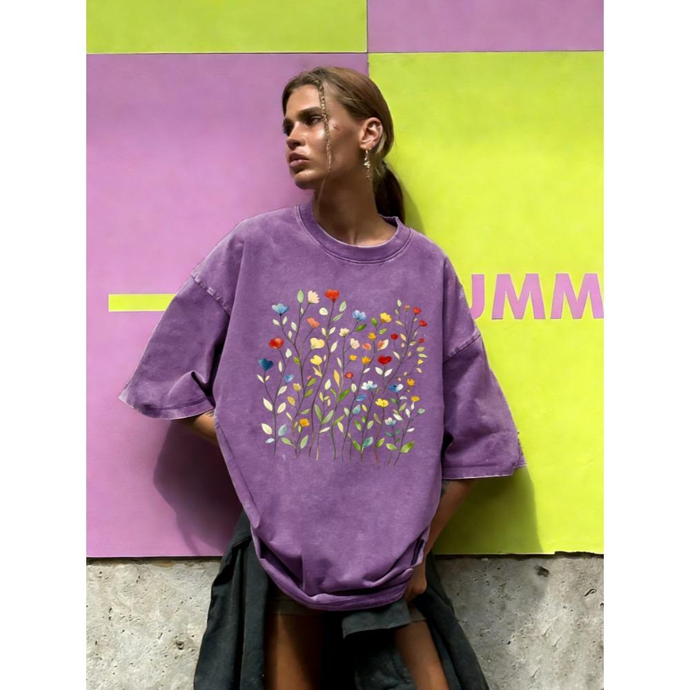 Beautiful Watercolor Flowers Printed Washed T-Shirt Women Casual Cotton T Shirt Y2K Tops Summer Loose Streetwear