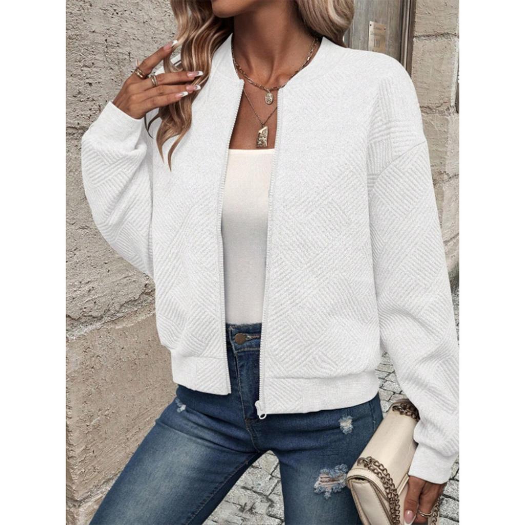 Women's Band Collar Long Sleeve Bomber Jacket Regular Fit Casual Zip Up Quilted Cardigan