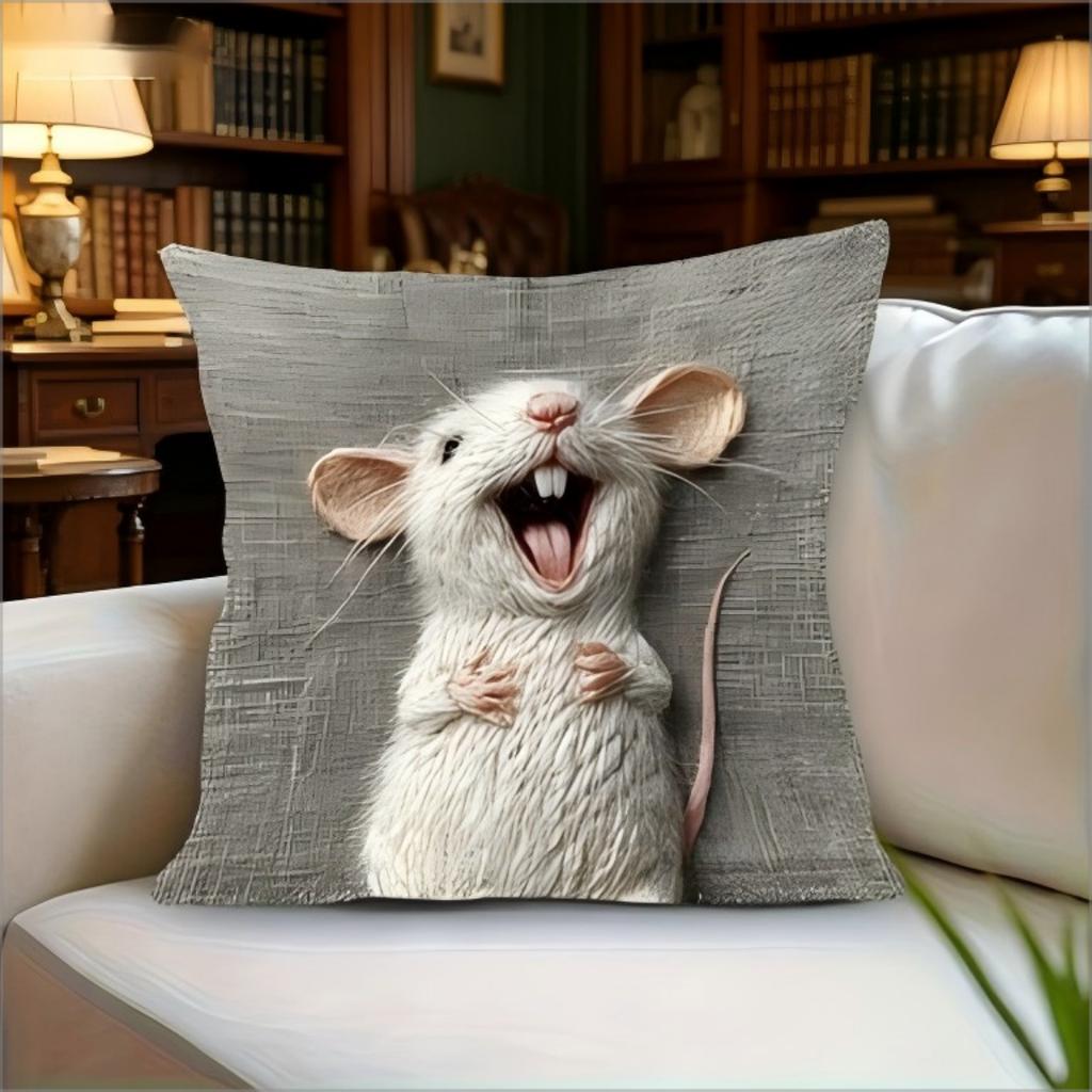Cute Laughing Mouse Throw Pillow Cover 2D Felt Effect Print Decorative Cushion Cover for Animal Lovers Home Decor