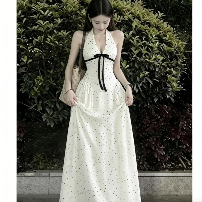 French V-neck Halter Sleeveless Polka Dot Dress, Beautiful, Elegant Summer Dress, Waist-shaped, Backless, Seaside Vacation Long Dress