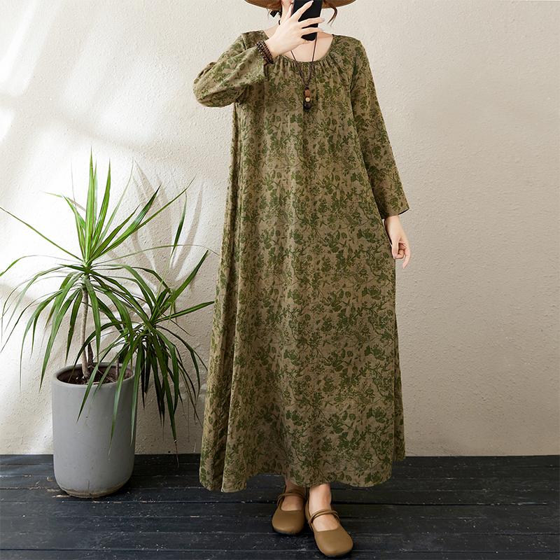 

DIMANAF Новинка 2025 года, женское длинное платье больших размеров, весеннее, базовое, с длинным рукавом, свободное, повседневное, с цветочным принтом, винтажное, макси, большого размера 2XL зелёный