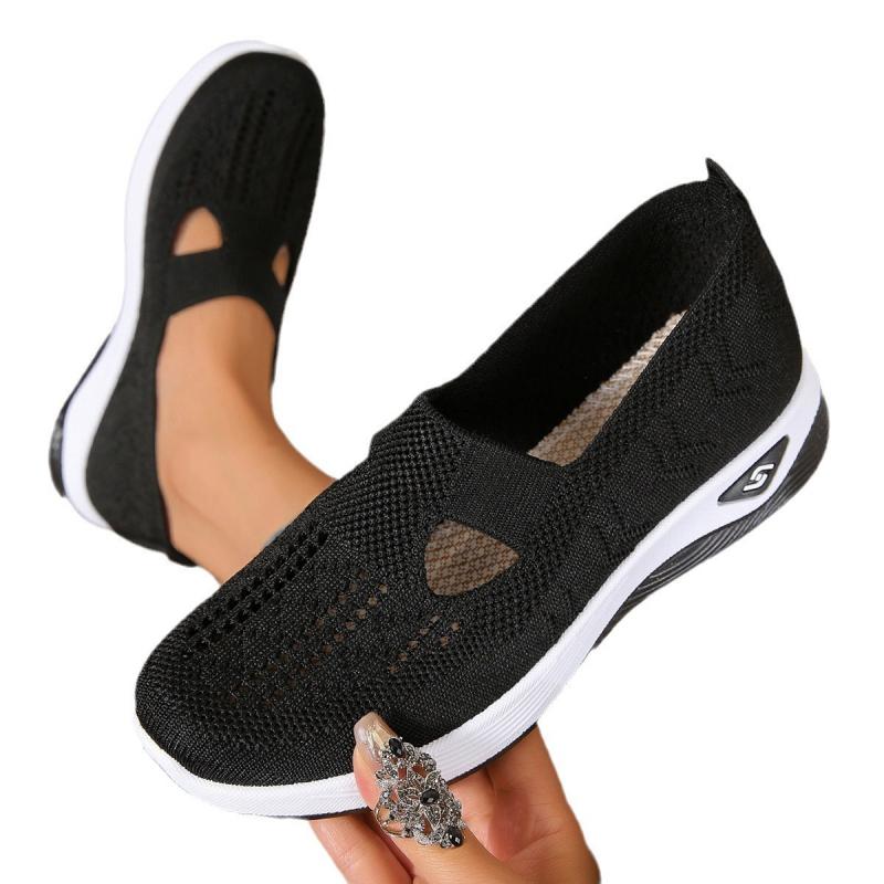Mode Vintage Schwarzer Slip-On Mesh Sneaker Damen 2025 Sommer Runde Zehenpartie Mittelhoher Keilabsatz Freizeitschuhe Weiche Sohle Rutschfest Mutterschuhe
