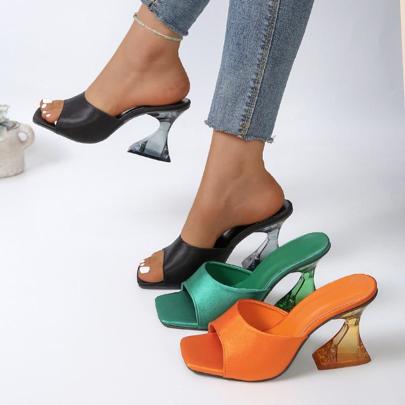 Mules Carrées à Talons Hauts Style Européen & Américain, Sandales Claquettes Sexy Polyvalentes à Bout Ouvert et Talon Cristal