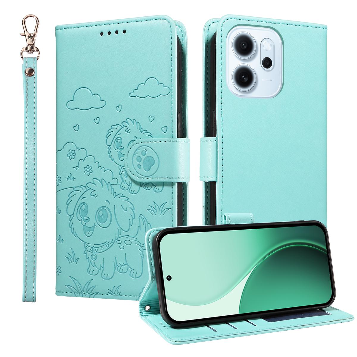 

For Oppo Reno15 F 5G Case RFID Blocking Imprinted Dog Pattern PU Leather Phone Cover with Wrist Strap