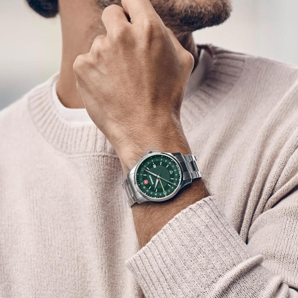 Wenger CITY GMT Men's Watch Stainless Steel Case Green Dial Stainless Steel Bracelet Quartz 50m Water Resistant 01.1442.107