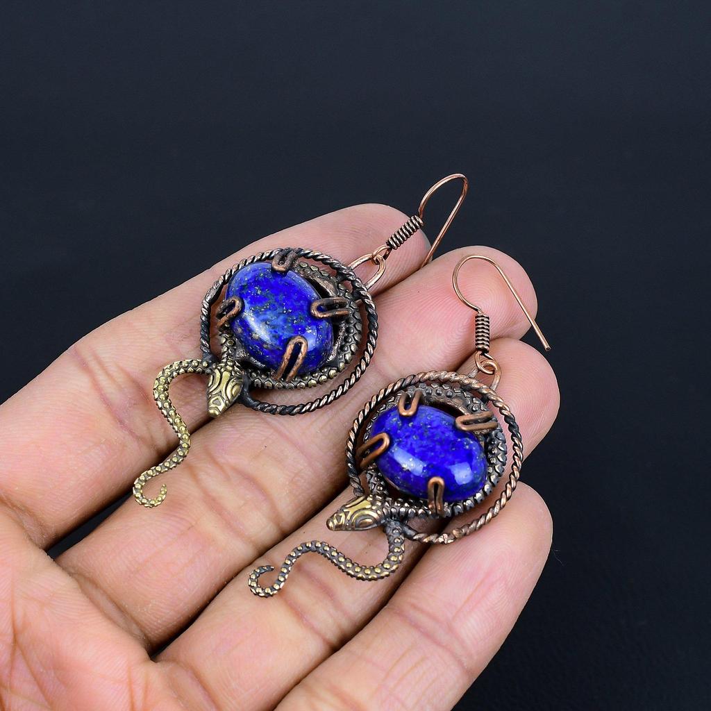 Lapis Lazuli 999 Copper Wire Wrapped Earrings, Handmade Gemstone Earrings Jewelry, Gifts For Wife Brand New Earrings