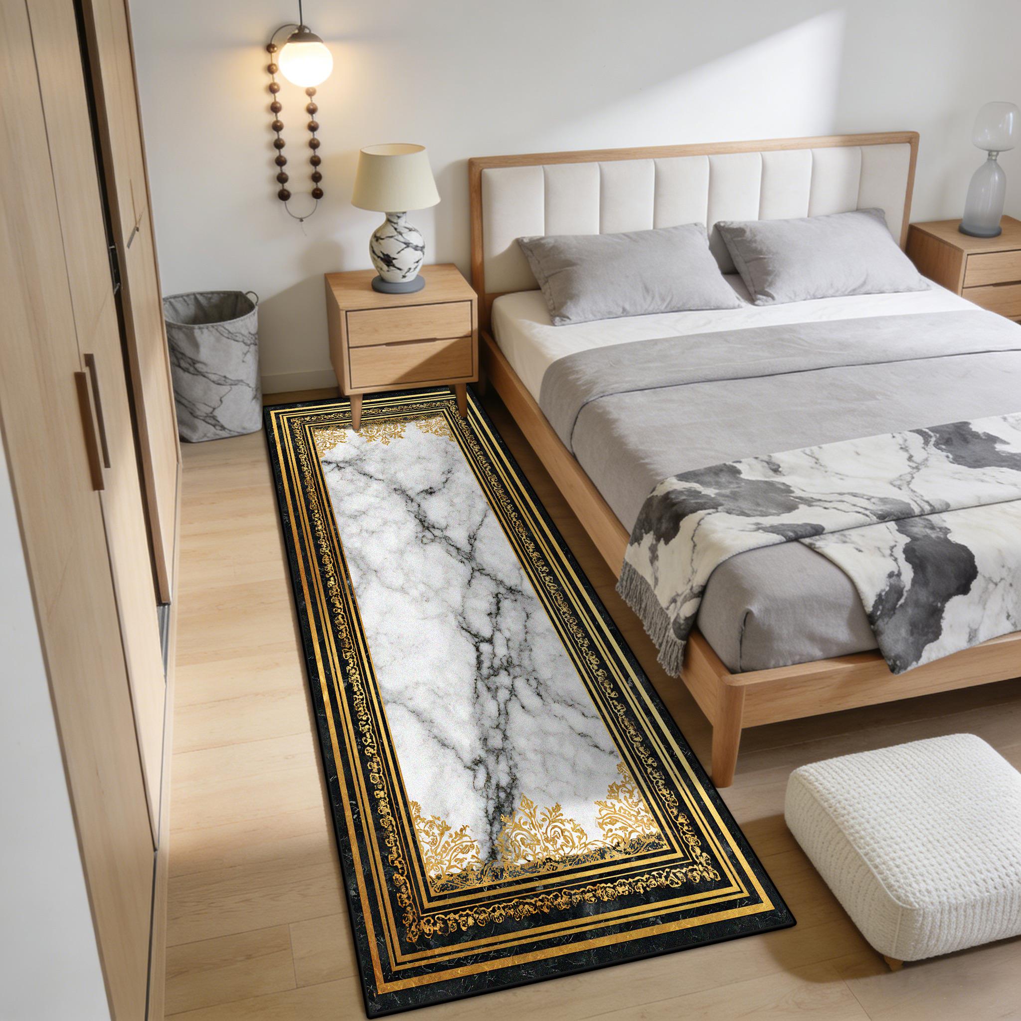Light Luxury Marble Antiskid Fluffy Bedside Carpet Decoration Sofa Bay Window Long Rug Easy Cleaning Foldable Balcony Floor Mats 60x160cm