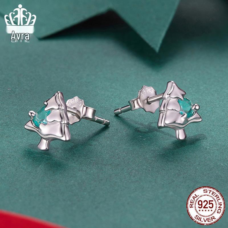 Everle Christmas Tree Stud Earrings, S925 Sterling Silver, Rhodium Plated Holiday Jewelry