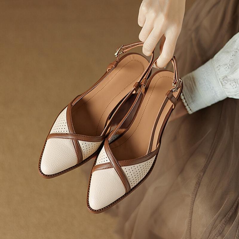 Fashion NEW Summer Women Sandals Split Leather Shoes for Women Pointed Toe Chunky Heel Shoes Cover Toe Slingback Hollow Designer Sandals