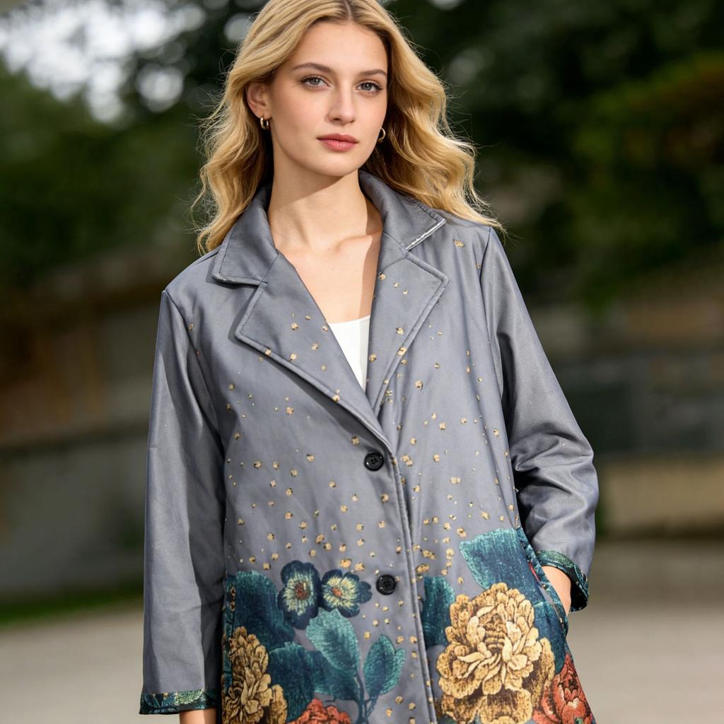 Women's Long-sleeved Color Floral Print Lapel Coat