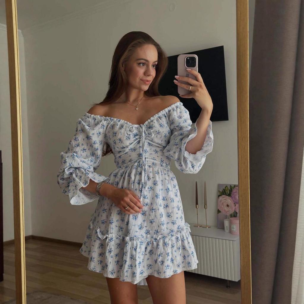 2025 Summer Square Neck Floral Puff Sleeve Dress for Women