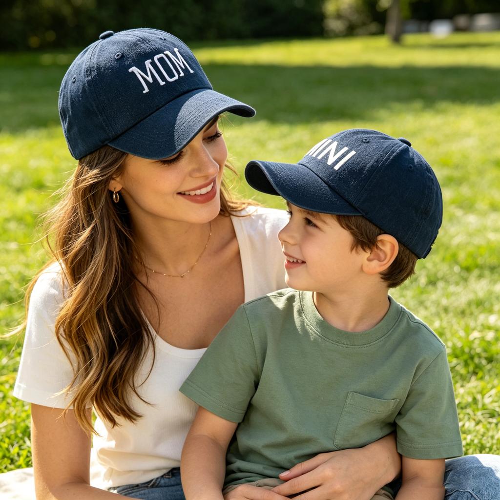 Cappellini da baseball coordinati mamma-figlio "MOM" e "MIN", cappellini da sole in morbido cotone per mamma e bambini, ideali per l'uso quotidiano e all'aperto