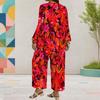 Damen Plus Size Zweiteiler Rundhalsausschnitt Langarm Blau Rosa Bedruckt Schicht-Oberteil Weite Cropped Hosen