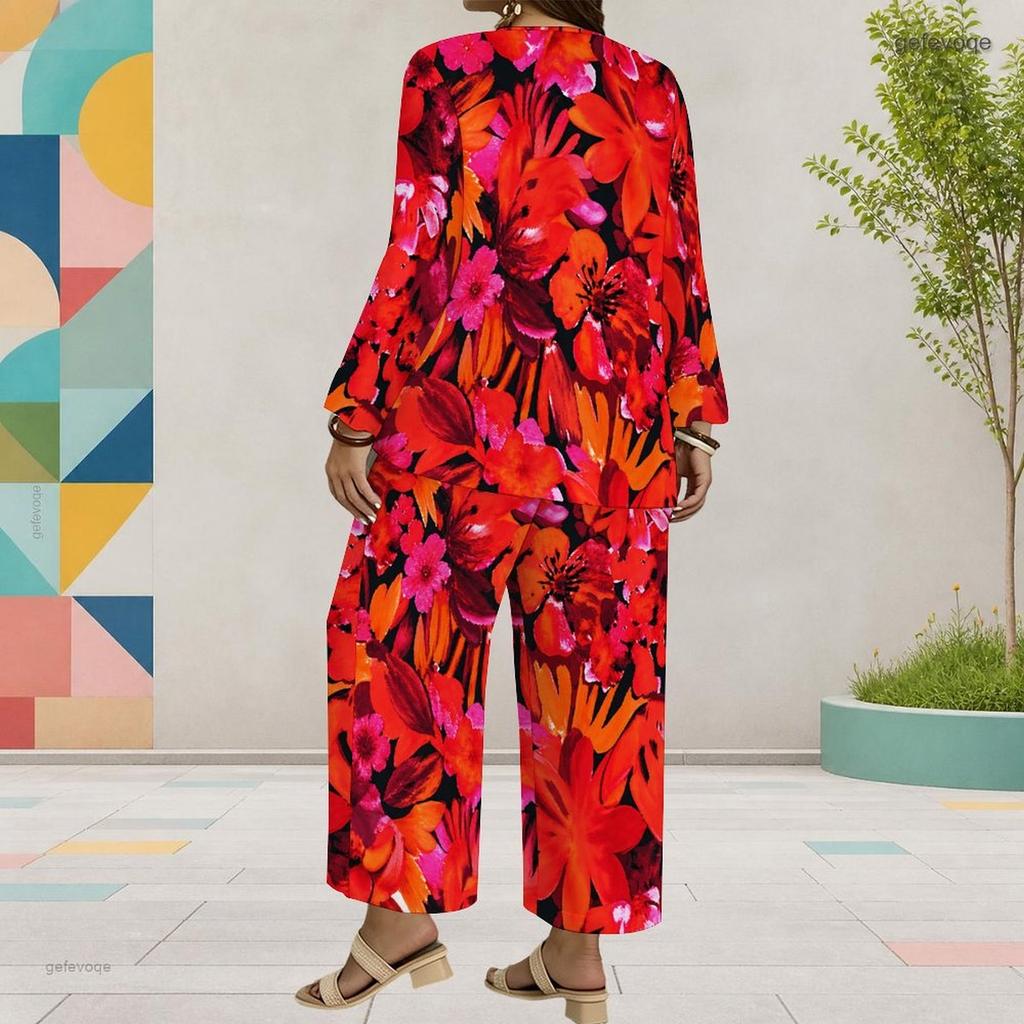 Damen Plus Size Zweiteiler Rundhalsausschnitt Langarm Blau Rosa Bedruckt Schicht-Oberteil Weite Cropped Hosen