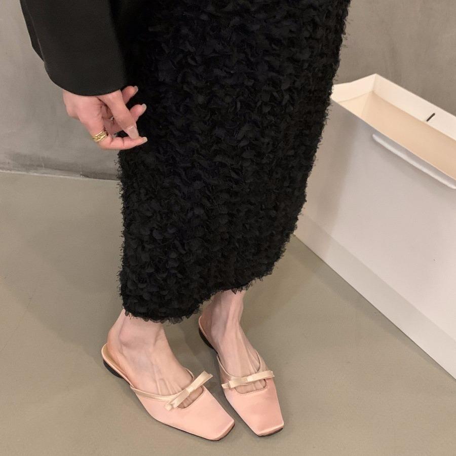 Flat Bottom Summer Green with Skirt Bag Head Half Slippers Fairy Shoes 2024 Summer Outer Wear Bow Small Sandals