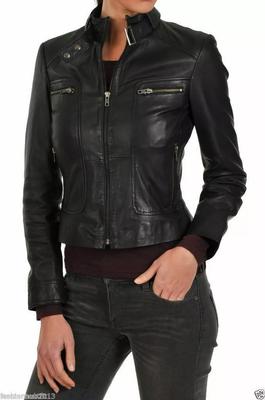 New Women's Black Stand Collar Jacket 100% Soft Lambskin Stylish Slim Fit Jacket
