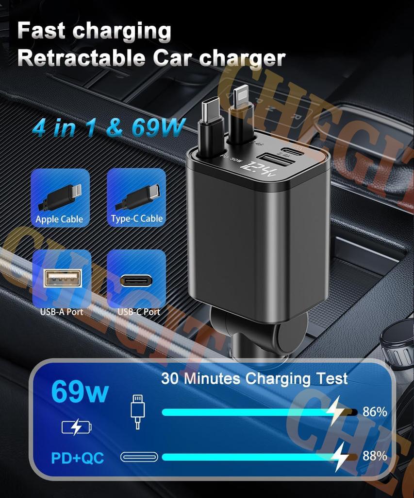 New Arrival 4 IN 1 Retractable Car Charger USB Type C Cable For IPhone Samsung Fast Charge Cord Cigarette Lighter Adapter