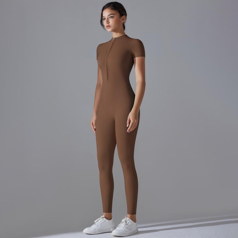 Womens High-Elastic Zipper Front Tight Fit Long Sleeve Jumpsuit Yoga Running Gym Workout