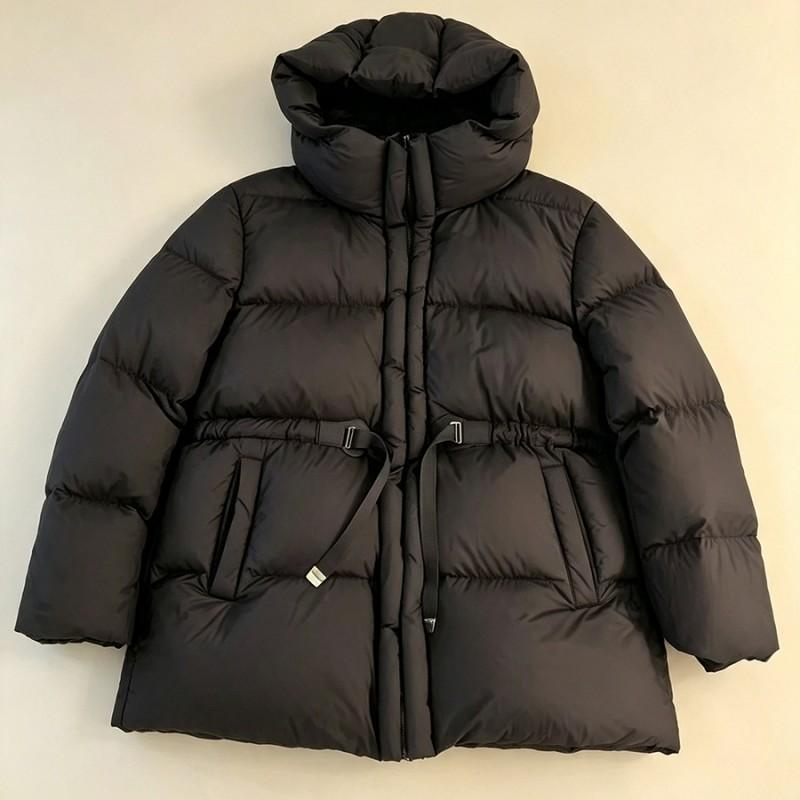 Womens Winter Hooded Puffer Coat With Drawstring Waist White Duck Down Fill Medium Warmth Regular Fit Daily Wear