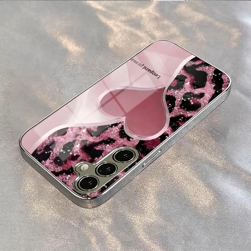 Pink Heart Leopard High-end PhoneCase Electroplated Glass PhoneCase for Samsung Galaxy S26 S25 S24 S23 S22 S21 FE,Ultra,Plus
