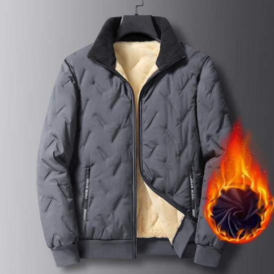 Men Jacket Lapel Long Sleeve Embossed Lines Zipper Pockets Elastic Hem Plush Lining Coat Solid Color Thickened Outwear