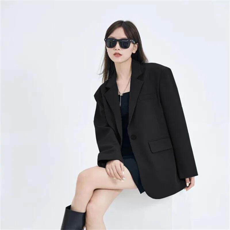 Autumn Winter Solid Color Loose Casual Cardigan Suit Women Simple All-match Blazer Pocket Button Outwear Top