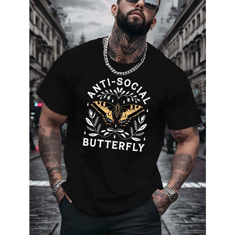 European Size Men'S Casual Crew Neck T-Shirt, Unsociable Butterfly Print, Short Sleeve, Regular Fit, Breathable Knit Fabric, Summer Fashion Top