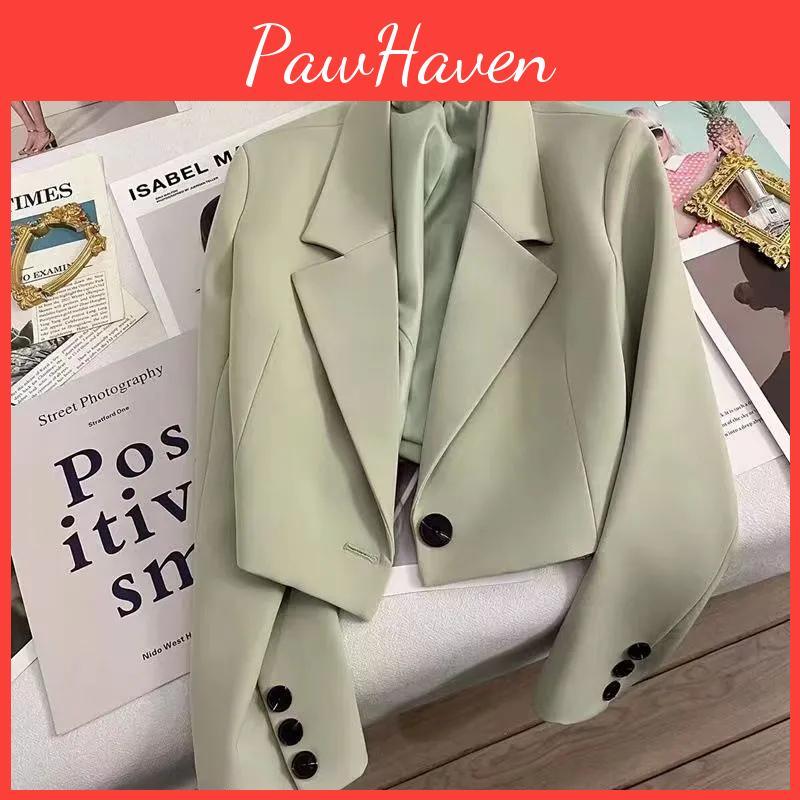 Blazers Woman Black Cropped Trend Allmatch Notched Collar Crop Jacket Women Korean Chic Single Button Suit Coat