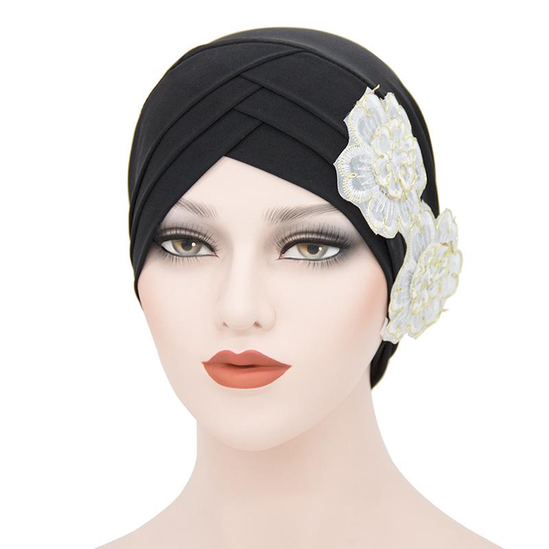 Fashion Ladies Forehead Cross Plum Blossom Hat Beanie Elastic Soft Top Hat Adult Women Milk Silk Flower Cap Muslim Turban