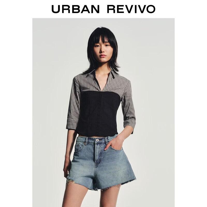 UR Women s Retro Plaid Fishbone Lapel Shirt XS
