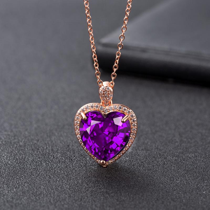 Purple Crystal Amethyst Gemstones Diamonds Heart Pendant Necklaces for Women Rose Gold Filled Jewelry Gifts New