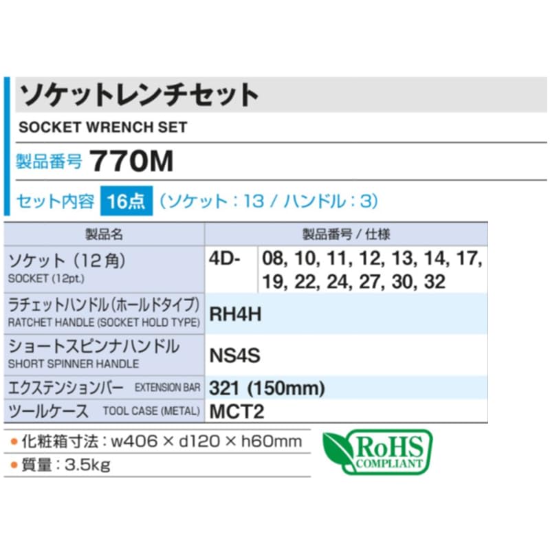 TONE 770M Drive Socket Wrench 16 Silver 12.7mm (1/2") Set, Pieces,