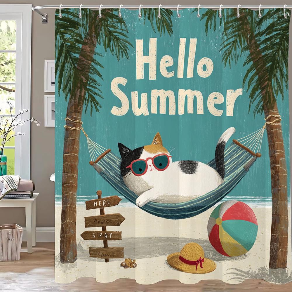 1pc Fun Cats and Dogs on the beach in Summer Shower Curtain, Bathroom Decorative Shower Curtain, Home Curtain with Hooks