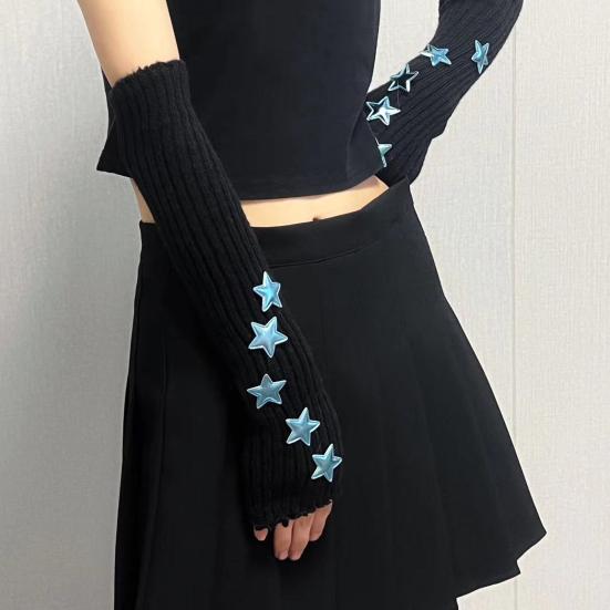 Knitted Arm Warmers Girls Fingerless Long Wrist Gloves Winter Star Arm Sleeves with Thumb Hole for Women Street Wear Parties