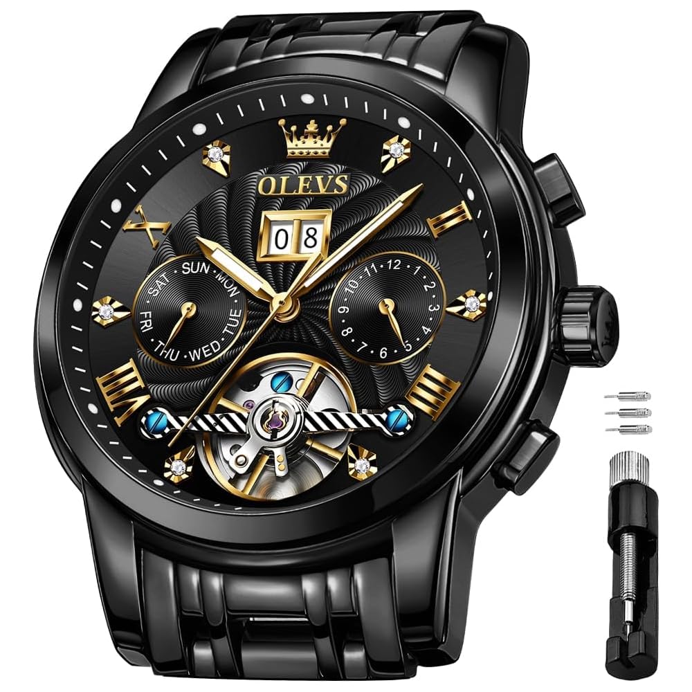 OLEVS Automatic Men s Skeleton Luxury Dress Watch Waterproof Moon Phase Tourbillon Chronograph Stainless Steel Black